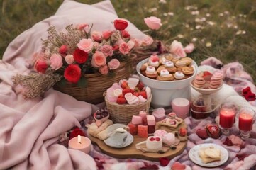 Obraz na płótnie Canvas valentines day celebration with flowers and cakes 