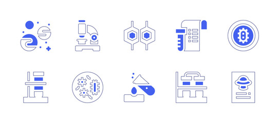 Science icon set. Duotone style line stroke and bold. Vector illustration. Containing microscope, petri dish, cell, chemical, planets, experiment, tube, flask, bacteria, ufo.