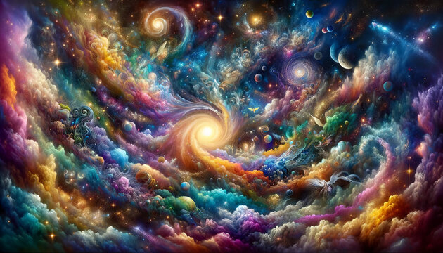 A photo-realistic, detailed image of a colorful, imaginative depiction of a fantasy galaxy.