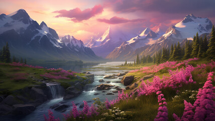 A beautiful summer landscape adorned with vibrant pink Dwarf Fireweed flowers, creating a stunning view captured in high definition by an HD camera.