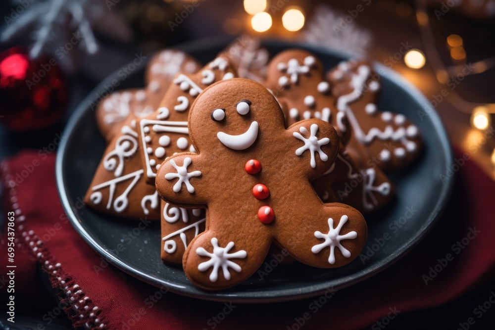 Poster a close up of a plate of cookies with icing and decorations on a table with a red cloth and christma