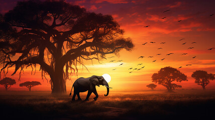 A beautifully composed HD image capturing the essence of an African sunset, with the silhouette of a wildlife creature adding a touch of drama and elegance to the scene.