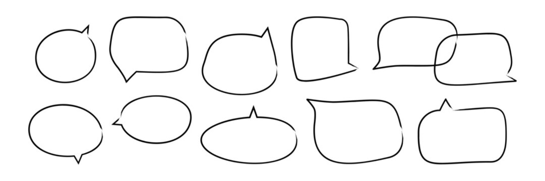 Hand drawn sketch speech bubbles set. Irregular shapes, grunge brush strokes. Line vector illustration isolated on transparent background