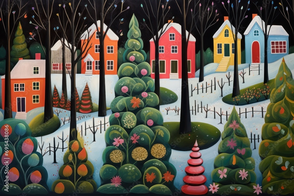 Poster a painting of a winter scene with a christmas tree in the foreground and a row of houses in the back