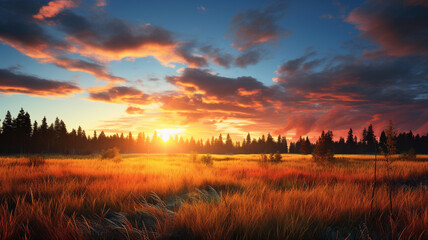 A breathtaking autumn evening, with the sun setting over a field of tall grass, casting warm and vibrant colors on the landscape, captured in HD perfection.