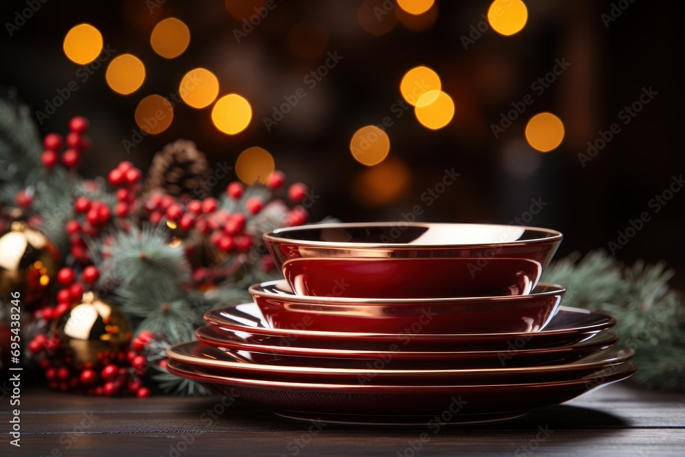 Aufkleber a stack of red plates sitting on top of a wooden table next to a christmas tree filled with red and 