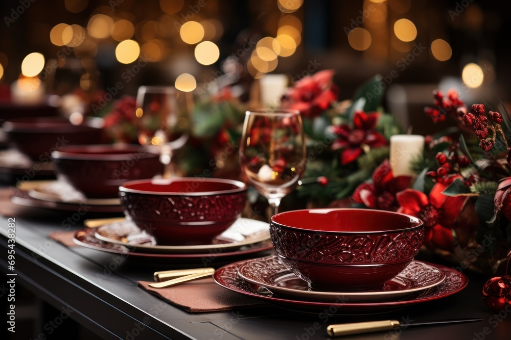 Poster a close up of a table with a bunch of plates and cups and a vase with flowers on it and a candle in 