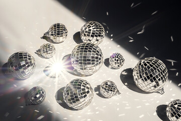 Sparkle silver disco balls flat lay. Festive retro party background.
