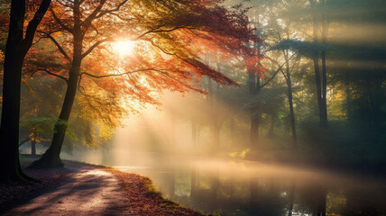 A breathtaking autumn morning captured in high definition, featuring a colorful forest bathed in sunlight, with rays filtering through the leaves and branches, creating a magical scene.