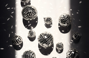 Sparkle silver disco balls flat lay. Festive retro party background.
