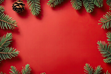 Christmas background with fir branches and cones on red background. Christmas greeting card. flat-lay, top view, copy space.