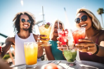 Multiracial happy friends toasting cocktail glasses outdoors at summer vacation, Smiling young people drinking alcohol together sitting at bar table, Beverage life style.