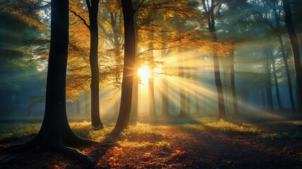 A breathtaking autumn morning captured in high definition, featuring a colorful forest bathed in sunlight, with rays filtering through the leaves and branches, creating a magical scene.