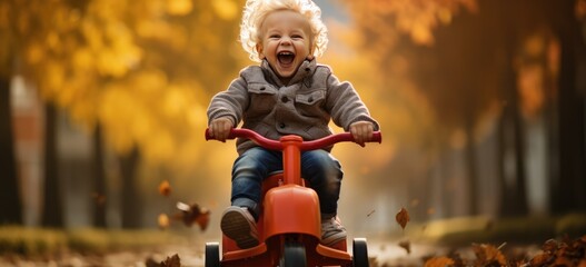 Joyful toddler riding tricycle in autumn park. Childhood and outdoor play. - obrazy, fototapety, plakaty