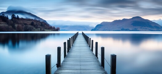 Tranquil lake pier leading into misty mountains at dawn. Serenity and nature. - obrazy, fototapety, plakaty