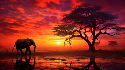 A breathtaking HD capture of an African sunset, featuring the silhouette of a majestic animal against the vibrant and warm hues of the sky.