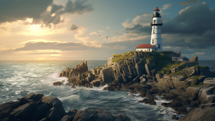 A breathtaking HD image capturing a stunning lighthouse standing proudly along the rocky seaside, surrounded by the beauty of nature and the vast expanse of the sea.