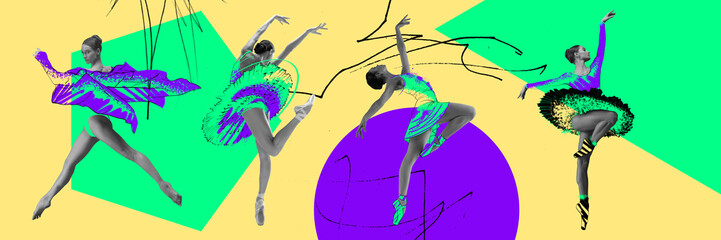 Elegant women, ballet dancers performing over colorful abstract background. Contemporary art...