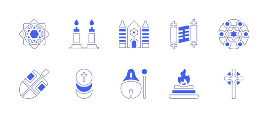 Spirituality icon set. Duotone style line stroke and bold. Vector illustration. Containing anahata, dreidel, synagogue, candle, mokugyo, host, torah, fire, presbyterian cross, numerology.