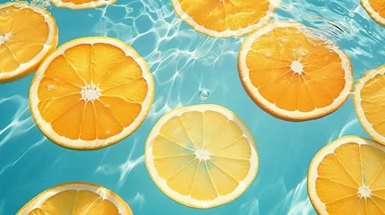 Foto op Plexiglas Orange slices floating in water on blue background, top view © Ilya