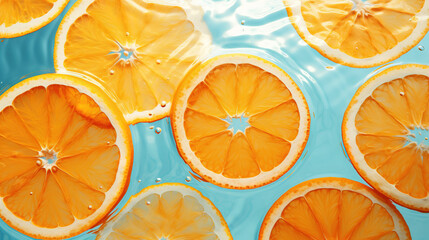 Orange slices floating in water on blue background, top view