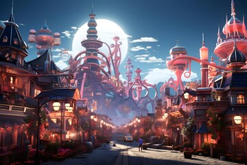Fantasy city at night with full moon. 3D illustration.