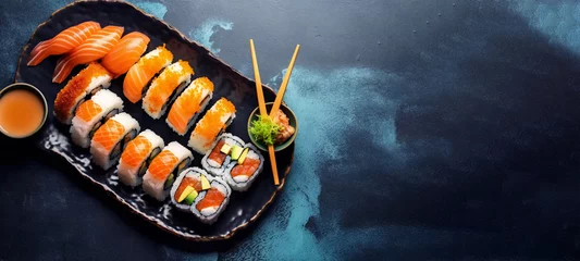 Selbstklebende Fototapeten japanese sushi food. Maki ands rolls. Set of sushi and rolls decorated with wasabi and ginger © kilimanjaro 