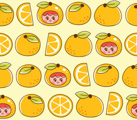 Orange charactes and orange slices seamless pattern. Vector illustration of cute kids dressed as citrus fruits. Adorable clementine or tangerine mascots in trendy cartoon style. Hand drawn elements.