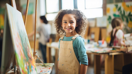 little beautiful girl draws on an easel in an art studio, drawing school, child, childhood, creativity, kid, smiling face, portrait, brush, paints, still life, picture, interior, student, master class - obrazy, fototapety, plakaty