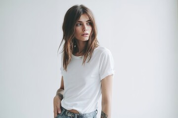 jeune femme en t-shirt blanc et jeans contre un mur blanc - obrazy, fototapety, plakaty