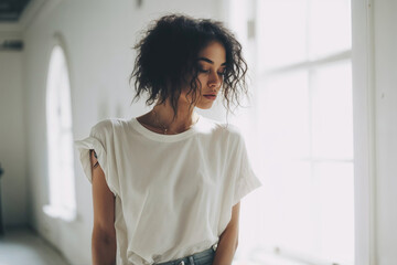 jeune femme en t-shirt blanc et jeans contre un mur blanc
