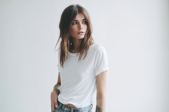 jeune femme en t-shirt blanc et jeans contre un mur blanc