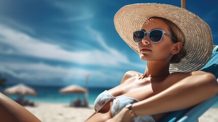 Woman relaxing in sun lounger on tropical beach. Summer vacation and relaxation.