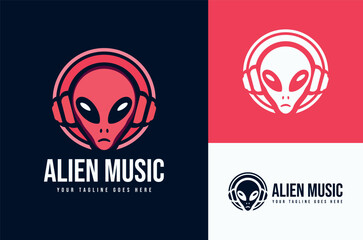 Illustration of an Alien Using Headphones Headset Design Recording Music Studio with Dark, Red background