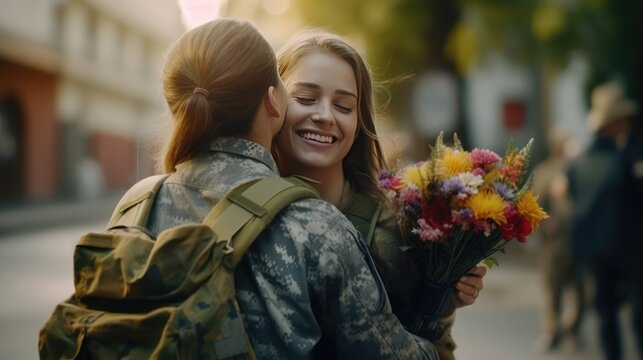 Military woman returning home greeted with flowers by happy companion. Reunion and appreciation.