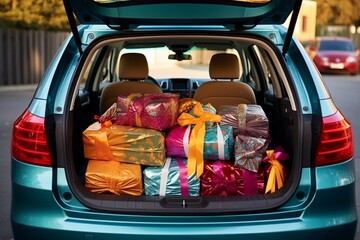 Many boxes in bright packaging and ribbons. Car trunk full of holiday gifts. Concept: surprise, shopping on wheels. 