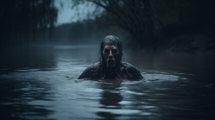 Fictional mythical danish evil creature noekke in a lake, - obrazy, fototapety, plakaty