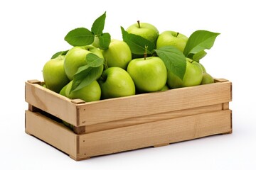 White Background Accentuates A Wooden Box Of Green Apples