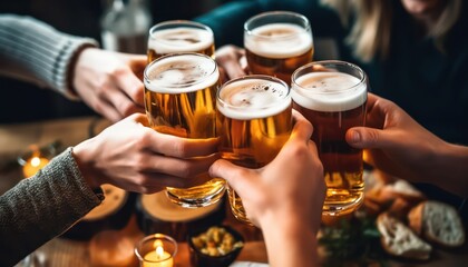 Group of people drinking beer at brewery pub restaurant, Happy friends enjoying happy hour sitting at bar table, Closeup image of brew glasses, Food and beverage lifestyle