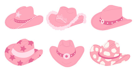 Hand drawn female cowboy hats. Pink cowgirl hats flat vector illustration. Collection of retro elements. Cowboy Western and Wild West theme. - obrazy, fototapety, plakaty