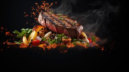 Grilled beef steak with flying ingredients in dish. Banner, Menu, Ads