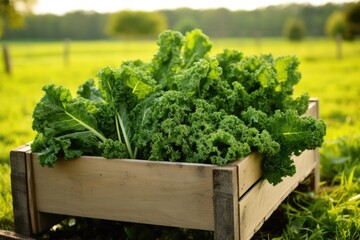 Kale Rests On The Grass Inside A Wooden Box