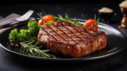 Grilled beef steak with flying ingredients in dish. Banner, Menu, Ads - obrazy, fototapety, plakaty