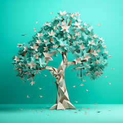 Paper Tree on turquoise background. Generative AI
