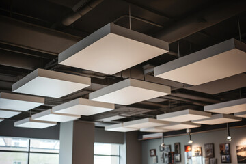 Acoustic Ceiling With Lighting Fixtures And Soundproofing - obrazy, fototapety, plakaty