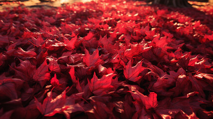 A breathtaking view of a heap of hollow red autumn leaves on the ground, creating a vibrant and textured landscape captured in stunning detail by an HD camera.