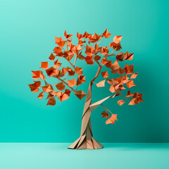 Paper Tree on turquoise background. Autumn tree. Generative AI
