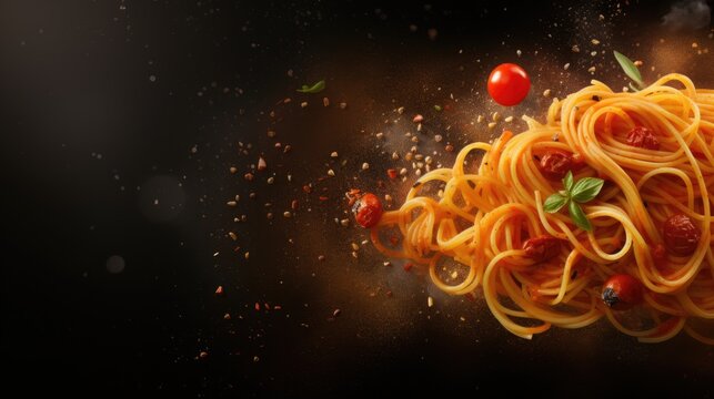 Spaghetti advertisement menu banner with copy space area. Spaghetti with flying ingredients and spices hot ready to serve and eat