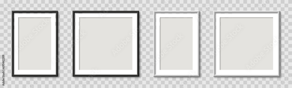 Poster Picture photo frame realistic set empty mockup, wall presentation, frames with shadow, blank frame border mockups, isolated pictures frames mock-up in different forms - stock vector