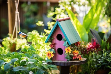Fototapeta na wymiar Colorful Birdhouse Nestled Among Greenery
